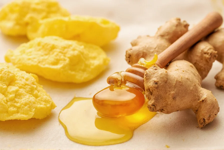 Fresh ginger slices steeping in raw honey inside glass jar on wooden table