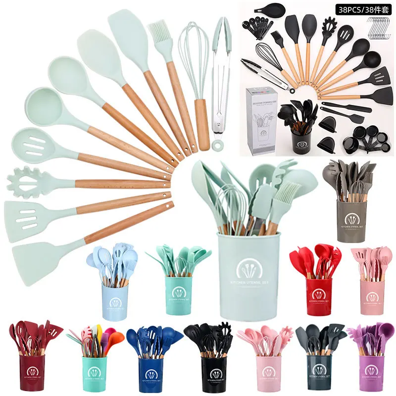 

12 Pieces In 1 Set Silicone Kitchen Accessories Cooking Tools Kitchenware Cocina Silicone Kitchen Utensils With Wooden Handles
