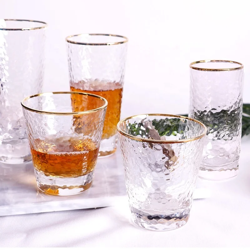 

New arrivals multisize hammered pattern all-purpose heat resistance borosilicate beverage glass with gold rim painted in stock