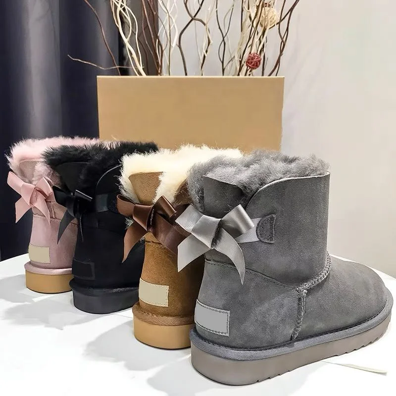 

Beautiful Single bow women sheepskin snow boots with real wool lining warm snow boots, Customized color