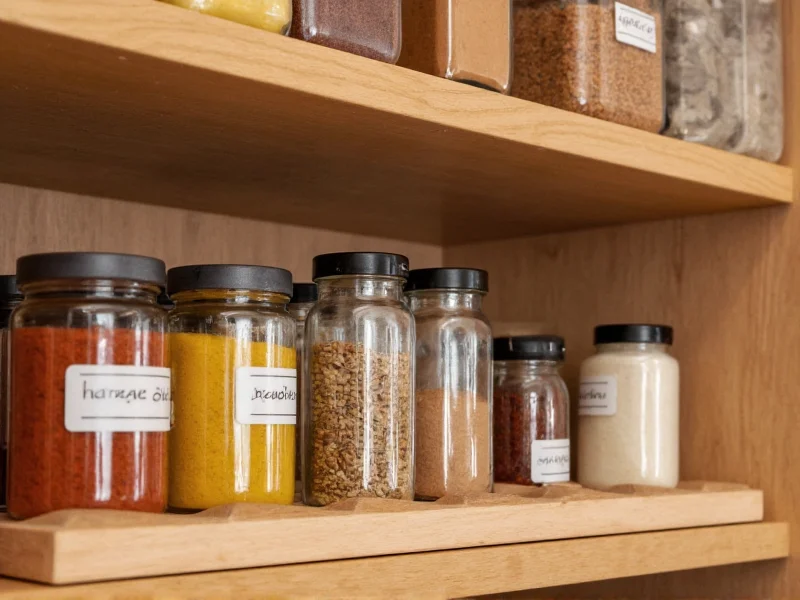 Close-up of spice shelf notches holding glass jars with labels
