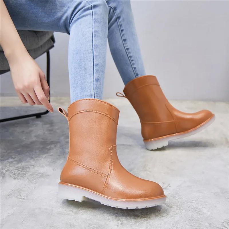 

Fast delivery low MOQ trendy mid calf waterproof anti-slip ladies wellies PVC rain boots women rubber gumboots