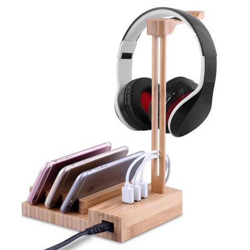 

Bamboo Wooden Headphone Stand Phone Pad Stand With 5V 3A Smart USB charging Port,Platform Charging Stand Bracket Docking Station, Natural bamboo color