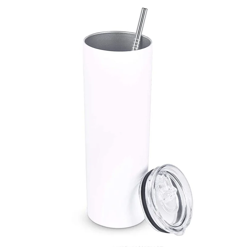 

20 oz Double Wall Stainless Steel Straight Skinny Sublimation Blanks Travel Tumbler Cups in Bulk with Straw, White,glitter white