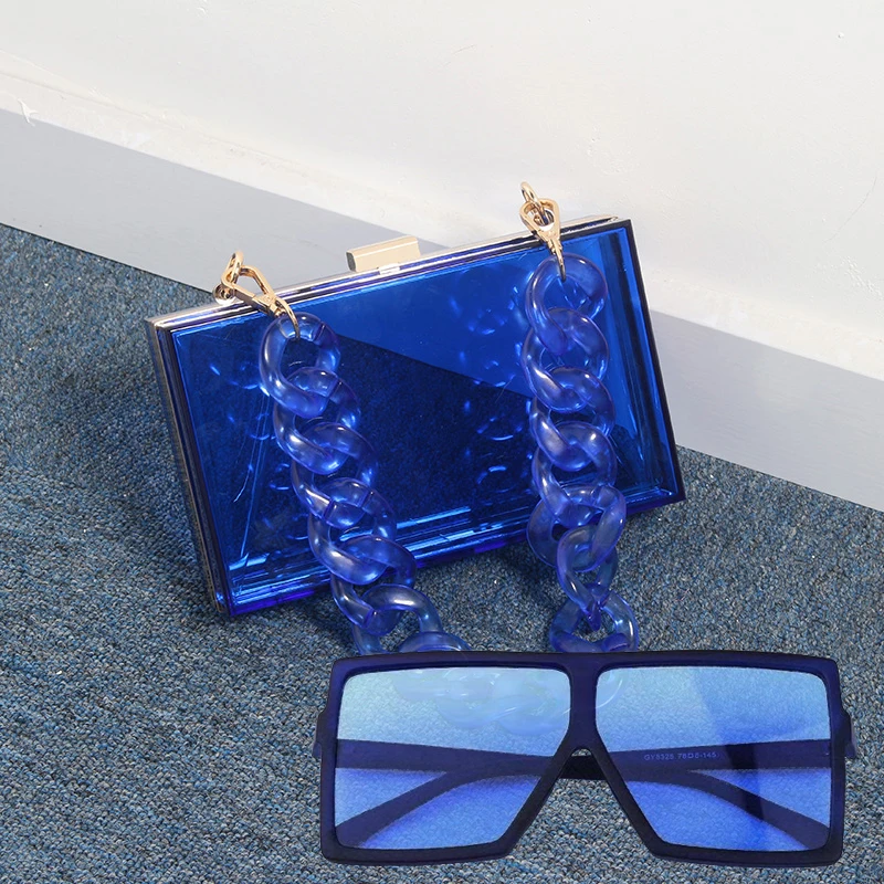 

Hot Selling Clear Designer Box Clutch Bag Handbag Purse and Sunglasses Set Women