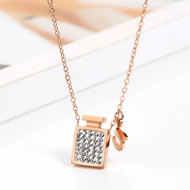 

Stainless Steel Rose Gold Plated Rhinestone Perfume Bottle Necklace