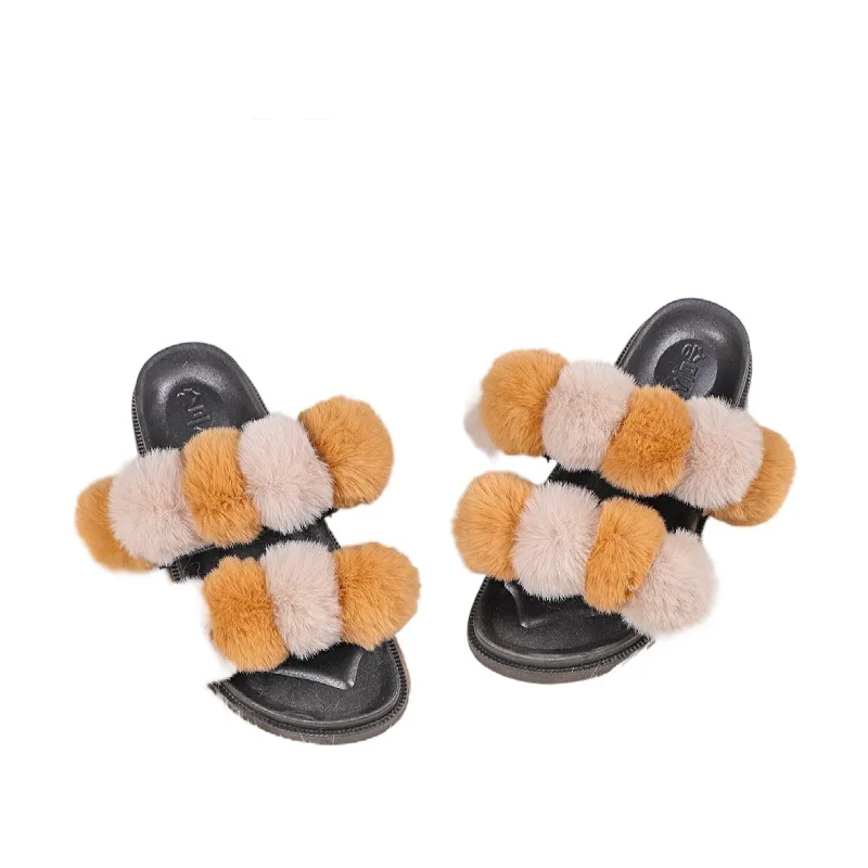 

women's faux fur ball sandals and slipper, Show as pictures