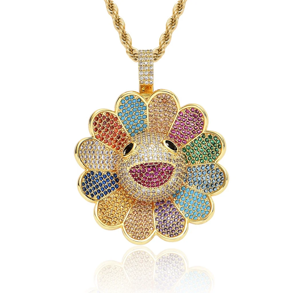 

2021 New Hip Hop Pendant Takashi Murakami Sun Flower Pendant with Micro Zircon Colorful Flowers Rotatable Jewelry Necklace