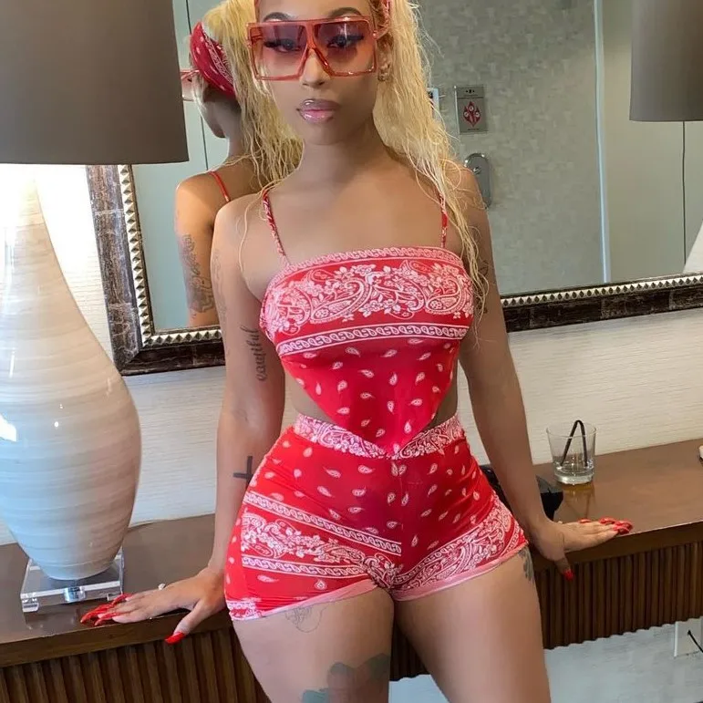 

Printed Boat Neck Crop Top And Short Pants Chic Cami Backless Fitted Charming Printed Outfit Two Piece Shorts Set, 5 colors