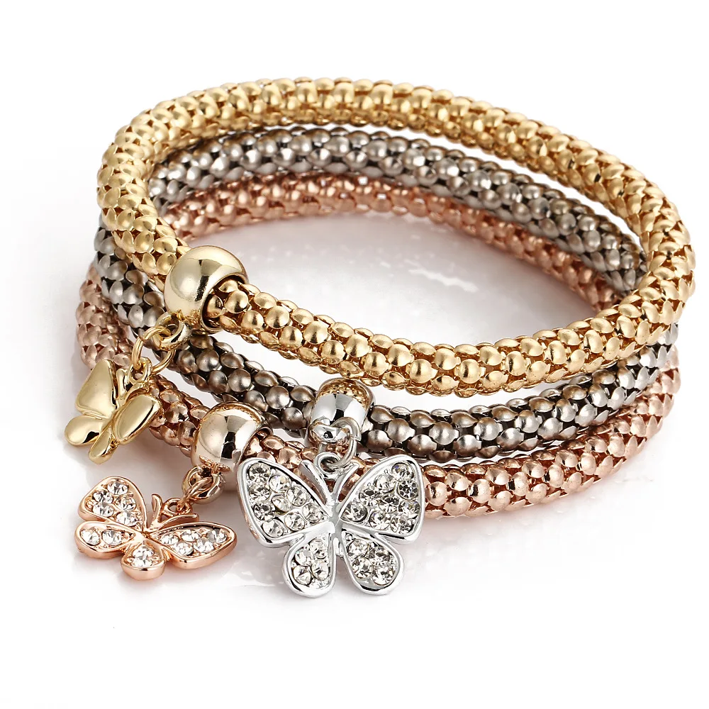

Best Selling 3 Colors Crystal Rhinestone Owl Charm Popcorn Chain Bracelet Elastic Butterfly Corn Chain Bracelet, Silver, gold , rose gold