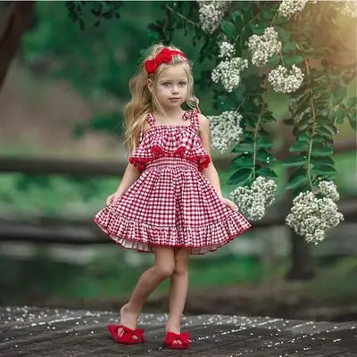 

F40613A 2021 hot fashion red checkered straps princess summer kids baby girl dress baby girl dress