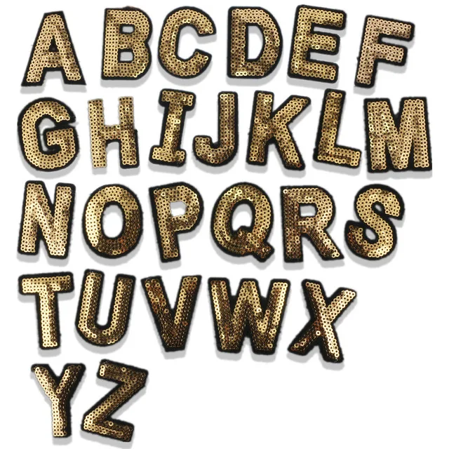 

A-Z Sequin Paillette English Alphabet Custom Embroidered Varsity Gold Glitter Bling Iron On Letters Patches