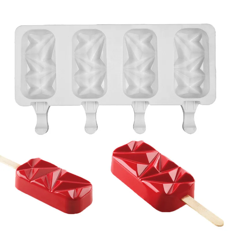 

4 cavity Homemade DIY Silicone Ice Cream Mold New Diamond Shape Popsicle Mold with Wooden Stick, White