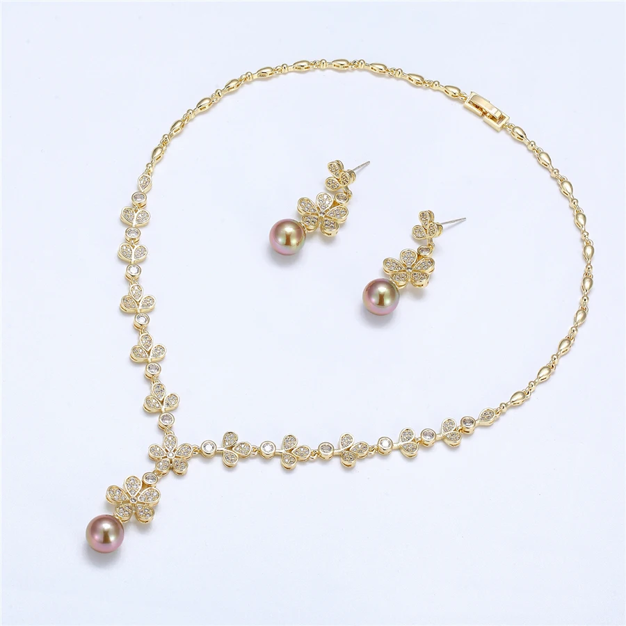 

YSset-295 xuping luxury gold women fashion wedding jewelry, pearl design flower style bridal jewelry set, 24k gold color