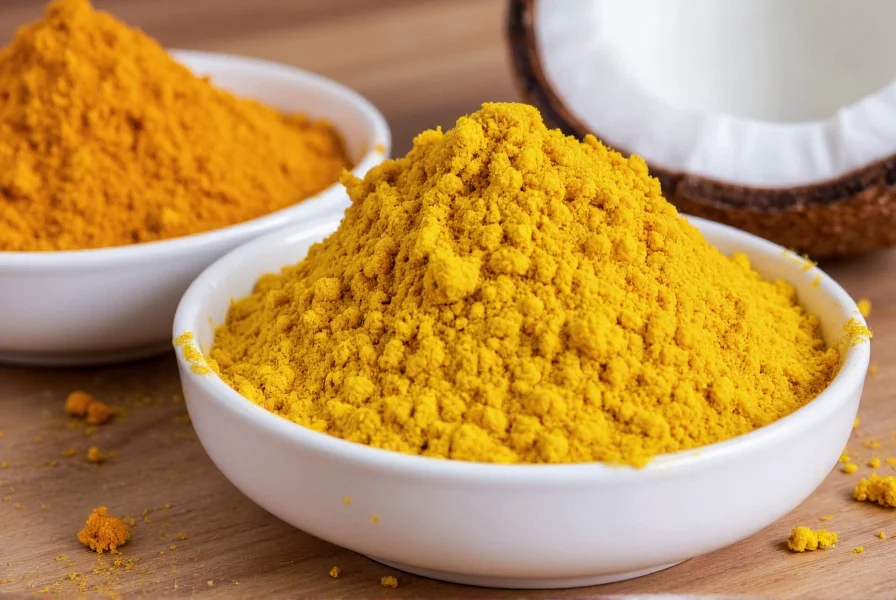 Golden turmeric powder mixed with black pepper and coconut oil in small bowls suitable for dog supplementation