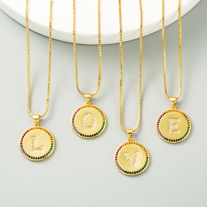 

Colorful zircon gold-plated coin alphabet necklace Color gemstone hip hop clavicle chain for women