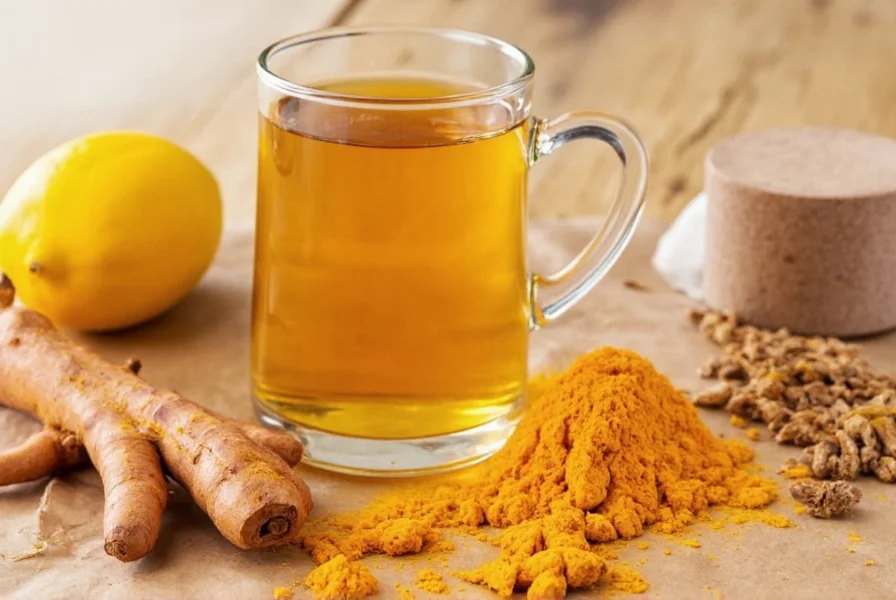 Fresh turmeric root and prepared turmeric tea in a mug with lemon and honey