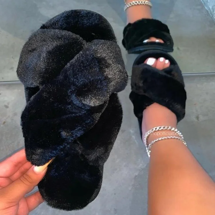 

New Arrival Girls Bridal Fashion Slides Female Shoe Cross Fur Slides Fuzzy Slippers Faux Fur Slippers Fluffy Slippers, Black plum camel leopard