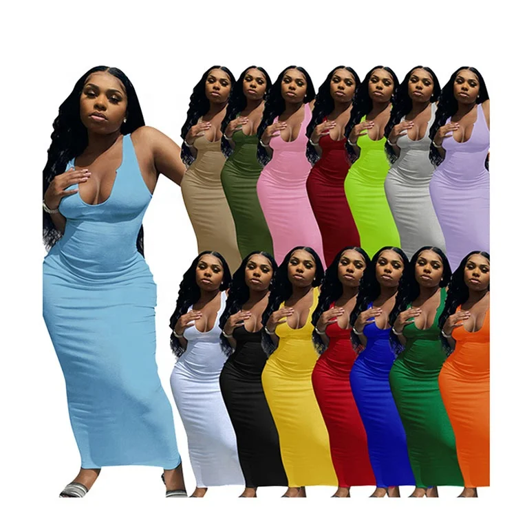

Round Neck Sleeveless Bodycon Maxi Elegant Women Summer Party Long Casual Dress, Customized color