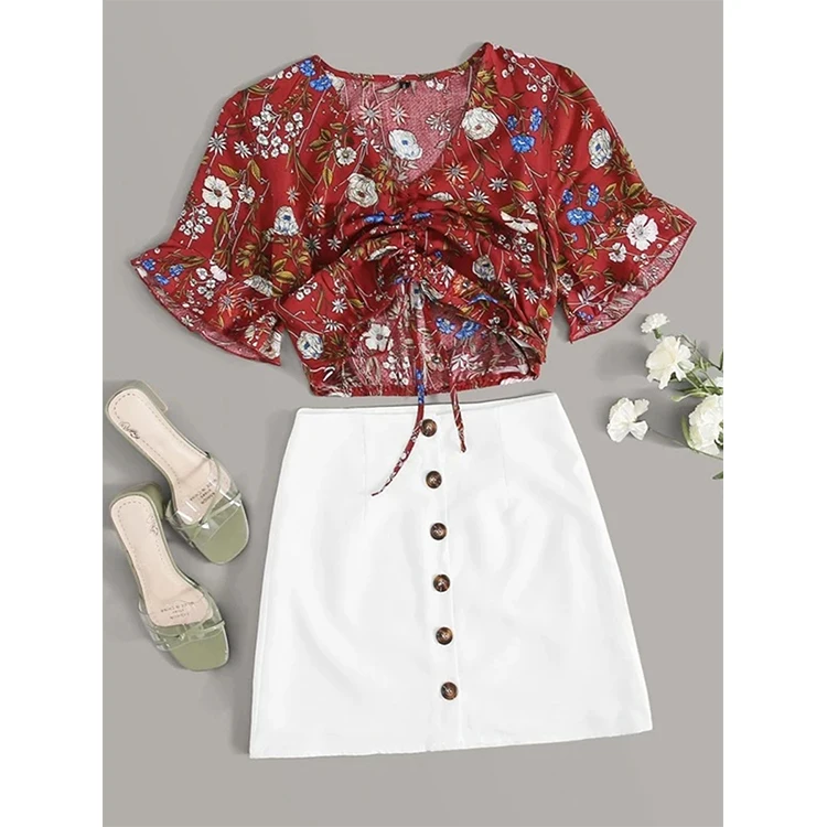 

Summer women 2 piece skirt set printed ruched stacked crop top clothes and solid white mini dress two-piece short skirt suit, Customized
