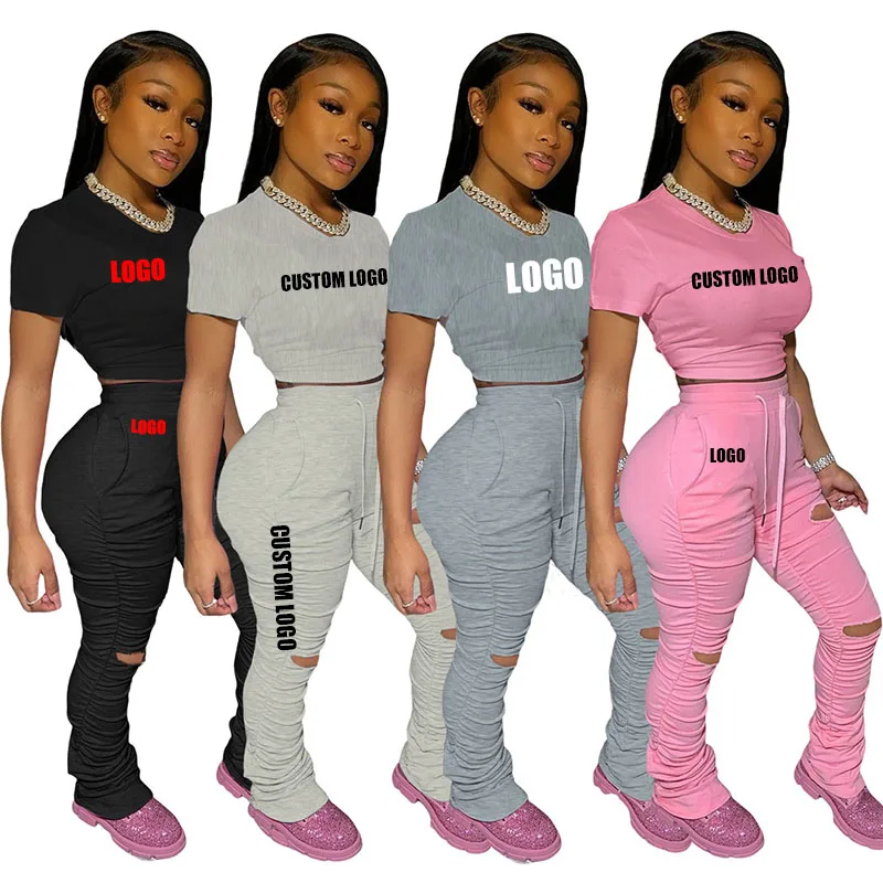 

Free Shipping Hot style women's ripped pants T-shirt two-piece suit, Customized color