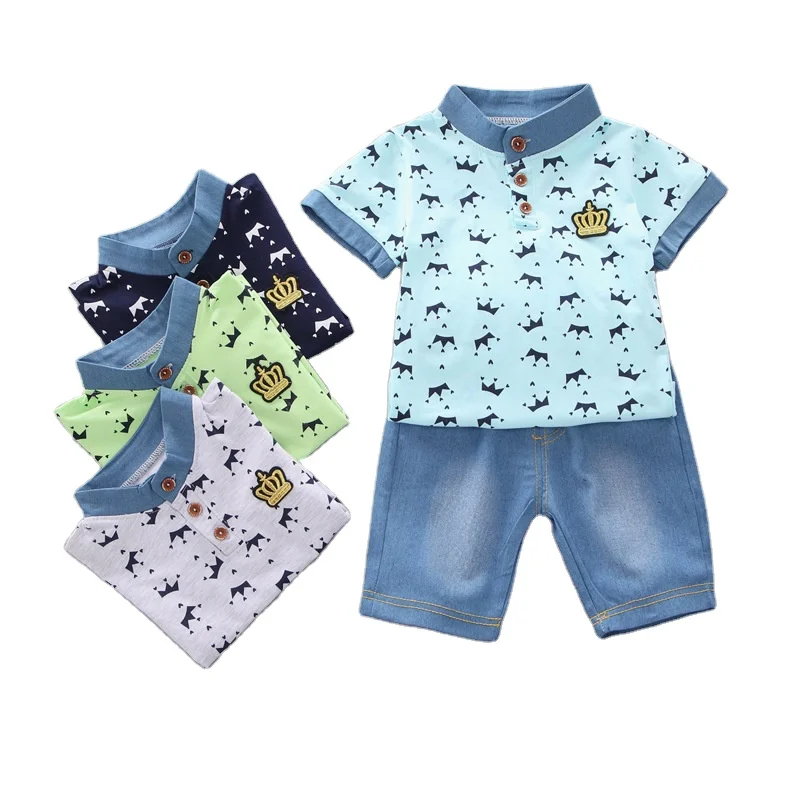 

2020 summer Handsome full body printed crown stitching stand up collar top denim shorts two piece suit baby boys clothing sets, As pic shows, we can according to your request also