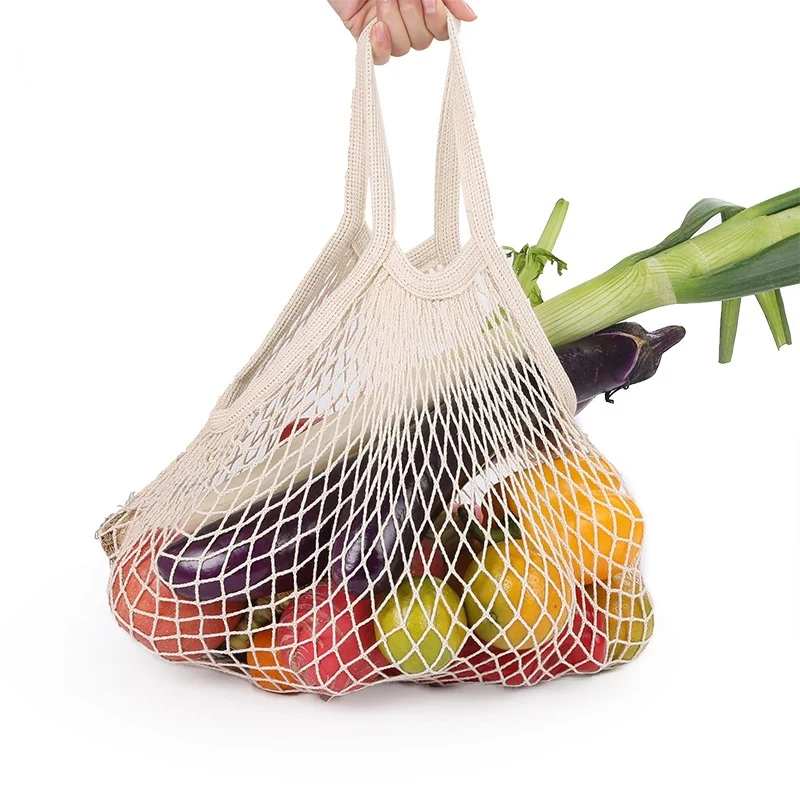 

Reusable Washable Mesh Bag With Long Handles Custom Package Net Bag Fruit Shopping Bag, Beige