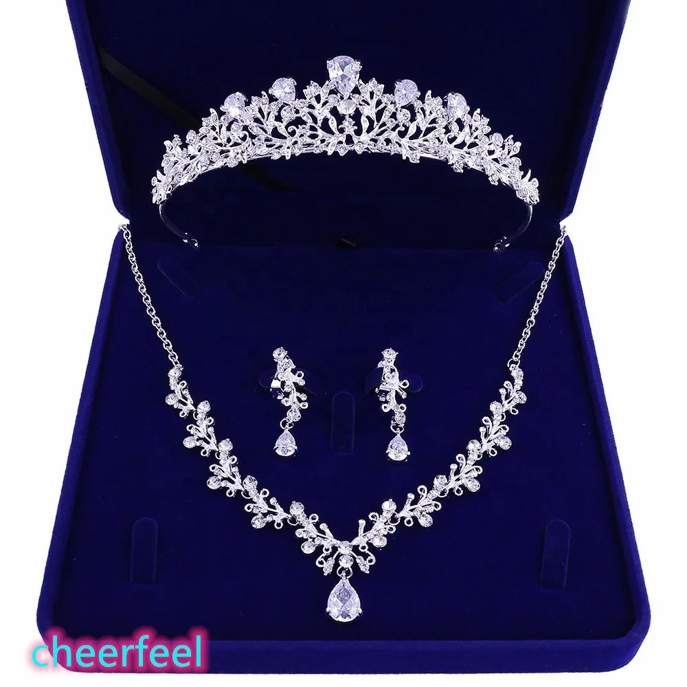 

Wedding accessories gifts Luxury Bridal necklace Earring Set Diamond-like Bling Zircon Bridal Crown Jewelry sets, Silver