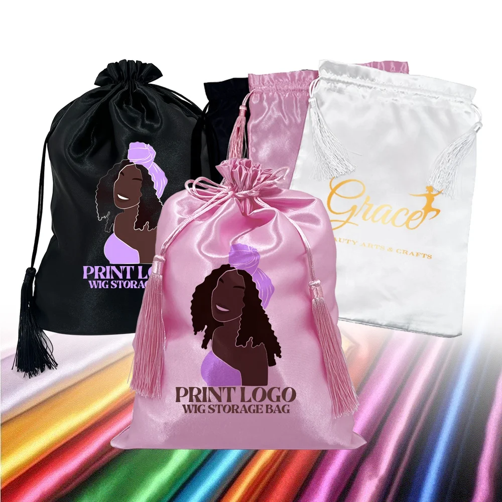 

New Print Logo Colorful Drawstring Close Bundles Hair Extensions Wig Storage Bags Tassel Satin Bag