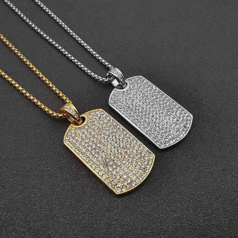 

Blues RTS Hip Hop Hot Sell Dog Tags Stainless Steel Gold Plated Bling Iced out Crystal Diamond Rectangle Necklace