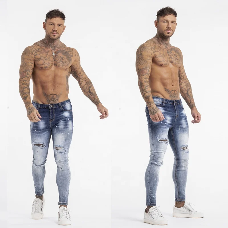 

No MOQ New Blue Distressed Spray Stretchy Cotton Mens Pants Denim Men Spray Tight Jeans Models, Tight jeans models as picture shown