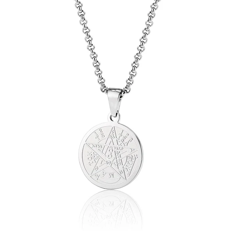 

Unique design talisman solomon necklace amulet jewelry stainless steel pentagram engraved pendant custom silver jewelry