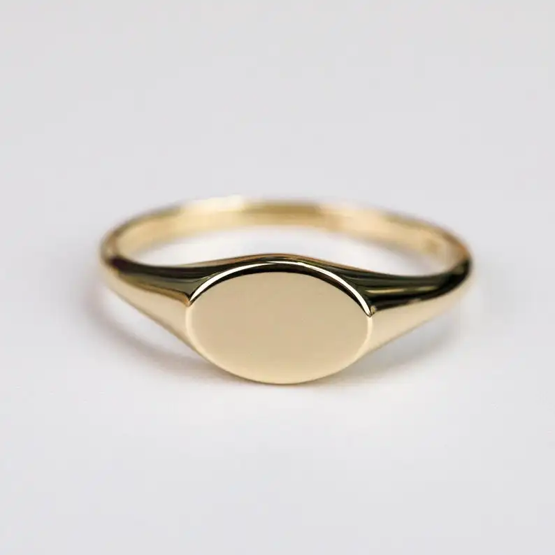 

14k Gold Plated Stainless Steel High Polish Women's Men Engraved Initial Name Ring Oval Signet Ring Jewelry