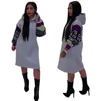 

12006NA Casual Fashion Hooded Letter Print Loose Long Sleeve Midi Hoodie Dress Latest Designer Ladies Casual Dresses Women