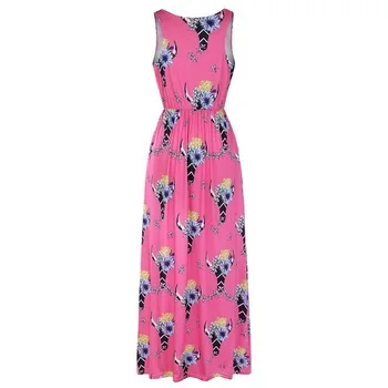 

Wholesale Custom Floral Women Cow Skull Printed Sleeveless Maxi Dress