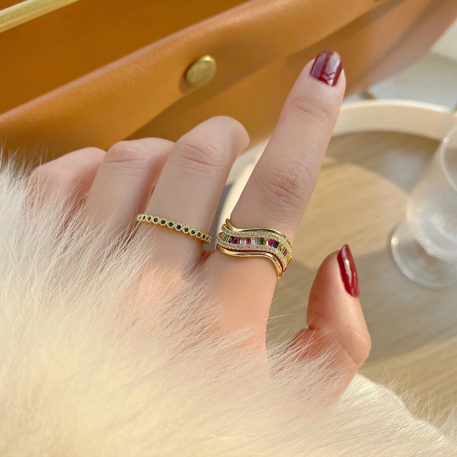 

Luxury Jewelry Geometry Colorful Rhinestone Zircon Wave Ring 14K Real Gold Plated Irregular Emerald Finger Ring