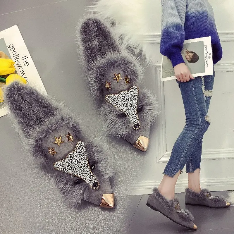 

Pointed Toe Spring Fall Winter Heel Fox Fur Shoes Ladies Heel Casual Fashion Tend Fur Shoes