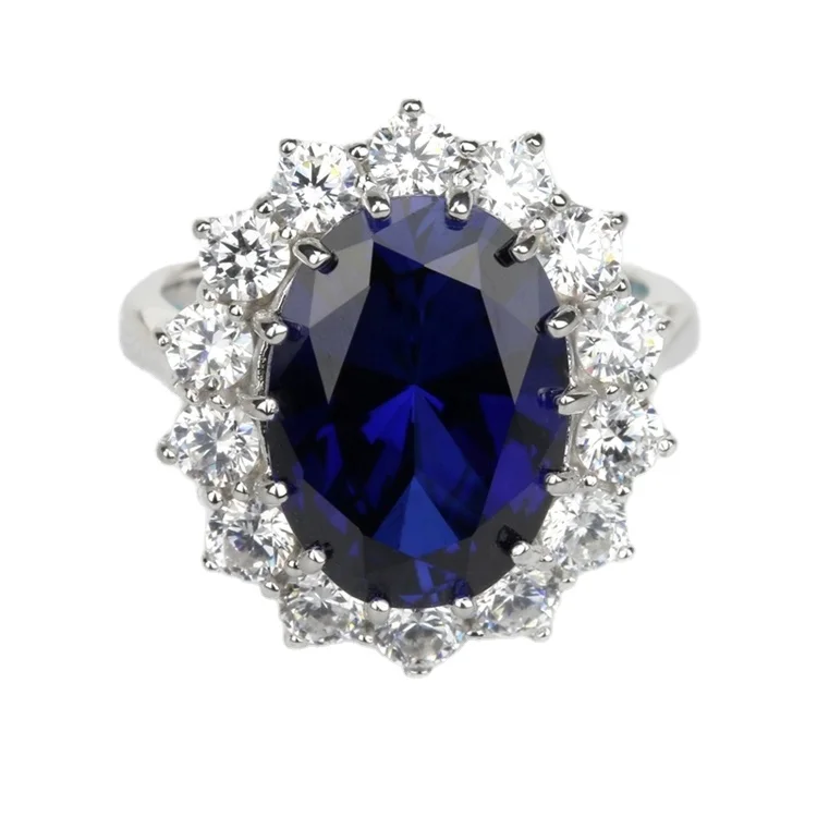 

2020 New design blue oval sapphire cubic zircon 925 sterling silver ring blue fire color carat ring