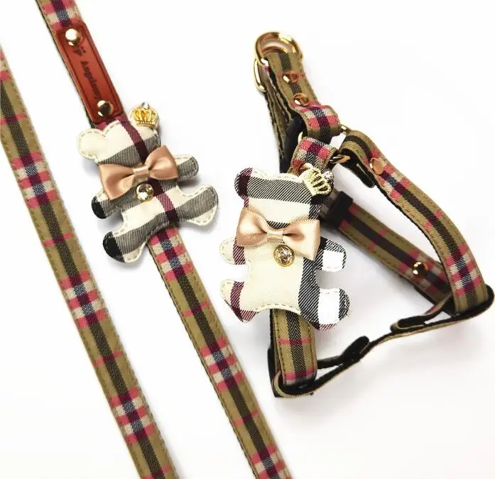 

Pet supplies manufacturers selling new luxury classic plaid bear pet cat and dog collar harness leashes