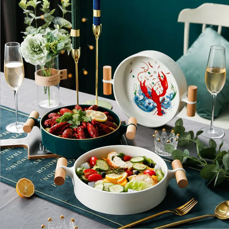 

Hot sale Nordic style ceramic soup plate restaurant crayfish fruit salad plate with double ear