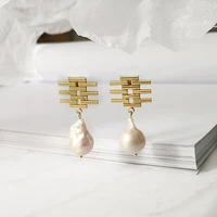 

Multi Gold Thick Bar Pearl Drop Earrings Geometric Natural Freshwater Pearl Charm Earrings Baroque Boho Earrings Femme