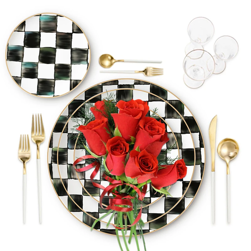 

Bone China Plate Dinner Plate Round Tray Creative Dessert Dish Set Black and White Chess Board Dish, Multi color
