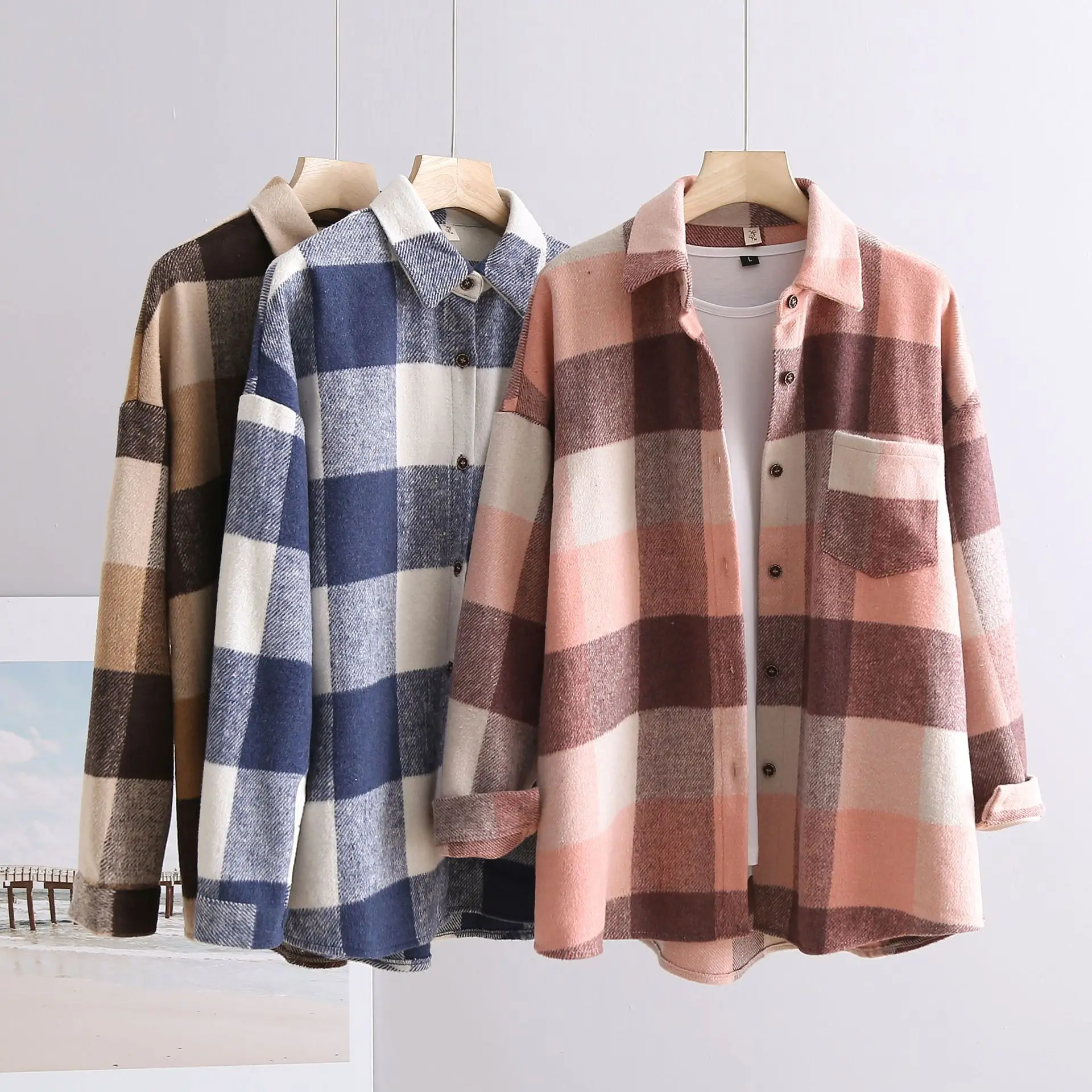 

Long Sleeve Plaid Shirts Long Sleeve Flannel Blouse Teen Girls Woolen Jacket Oversized Shirt Womens Flannel Shirt