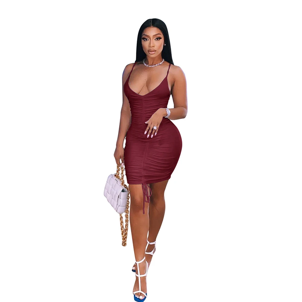 

Hot selling V neck spaghetti strap ruched bodycon sexy women hot night dress