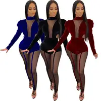 

LE3164 women casual velvet patch long sleeve bodycon jumpsuit