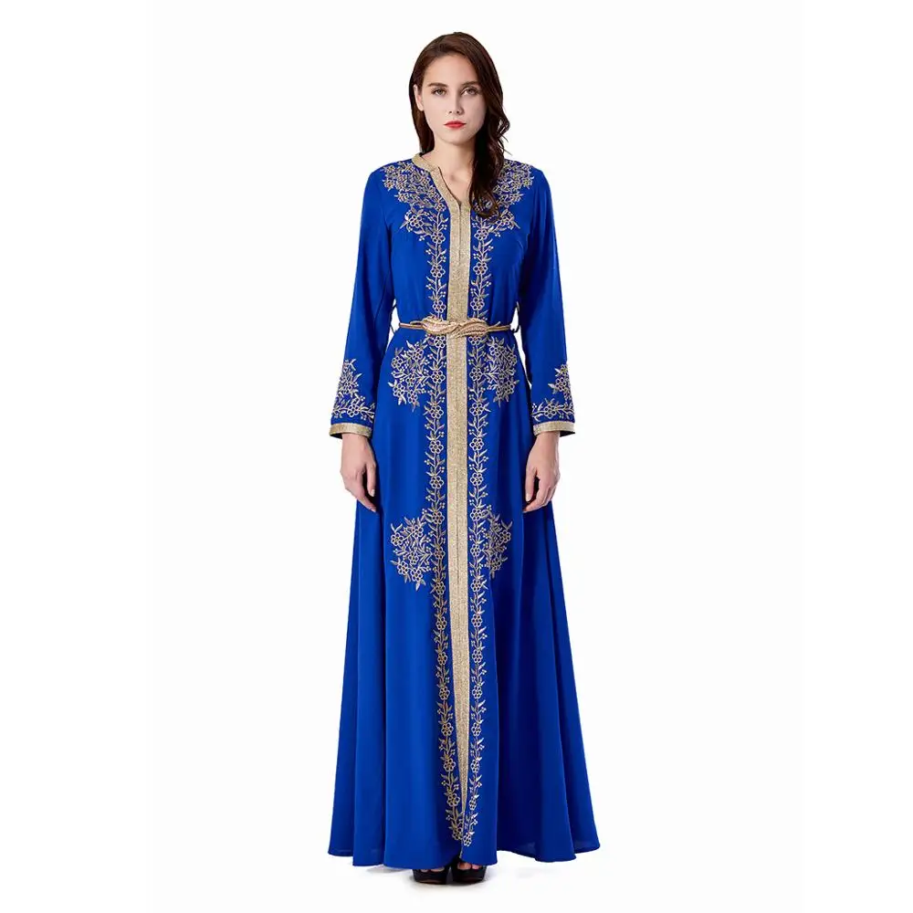 

Golden Full Embroidered & Beaded Cotton Kaftan Jalabiya With Golden Braid Blue Long Dress