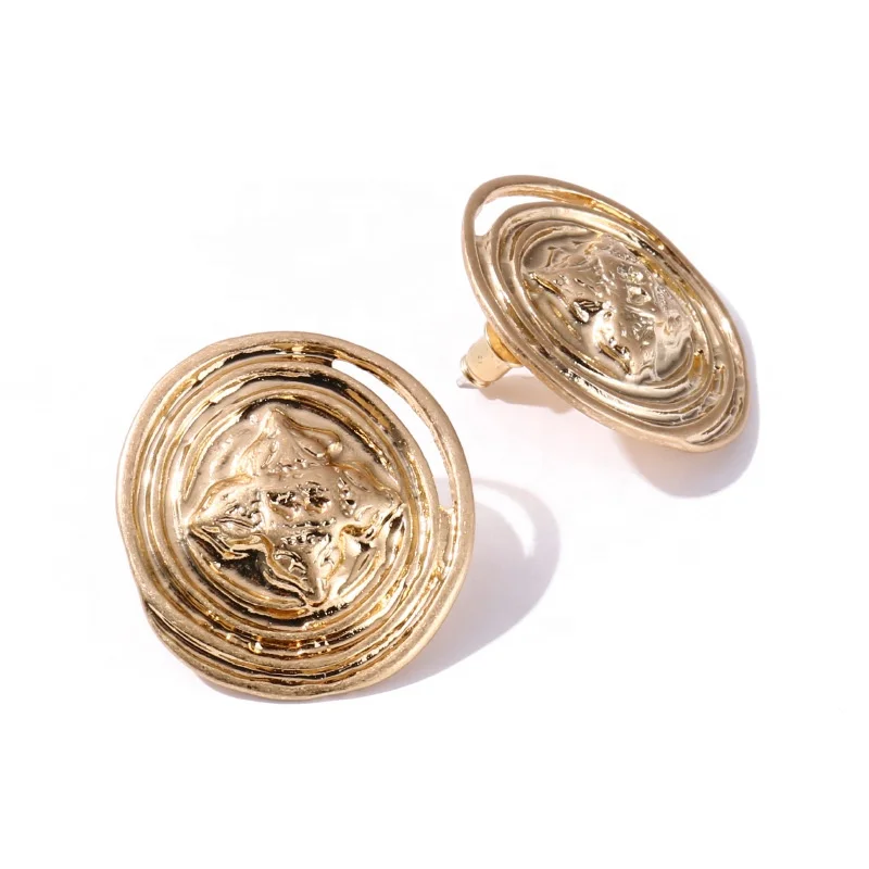 

New Vintage Gold Geometric Round Disc Coin Buttons Shape Big Stud Earrings for Women Accessories Girl Gifts Party Jewelry