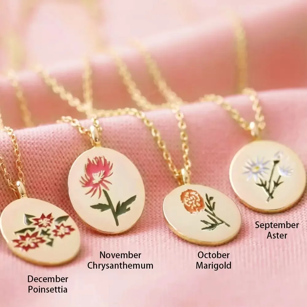 

Custom Series 18K Gold Plated Jewelry Charm Necklace Women Engraved Birth Flower Stainless Steel Necklace