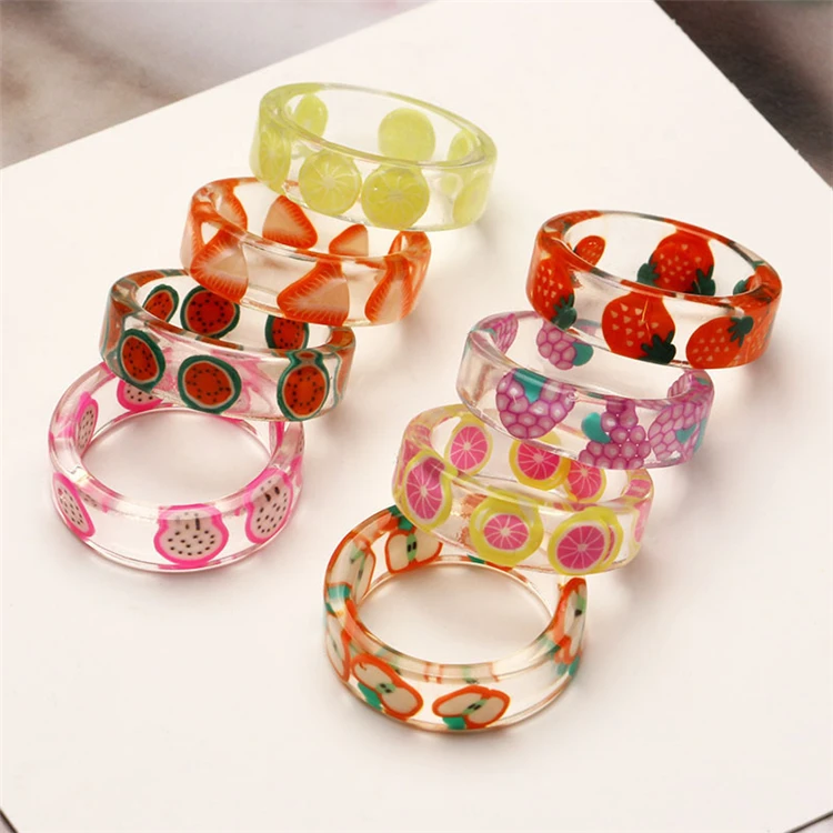 

Charming Transparent Cute Fruits Resin Acrylic Ring Women Girls New Design Colorful Strawberry Lemon Resin Fruit Ring, Picture shows