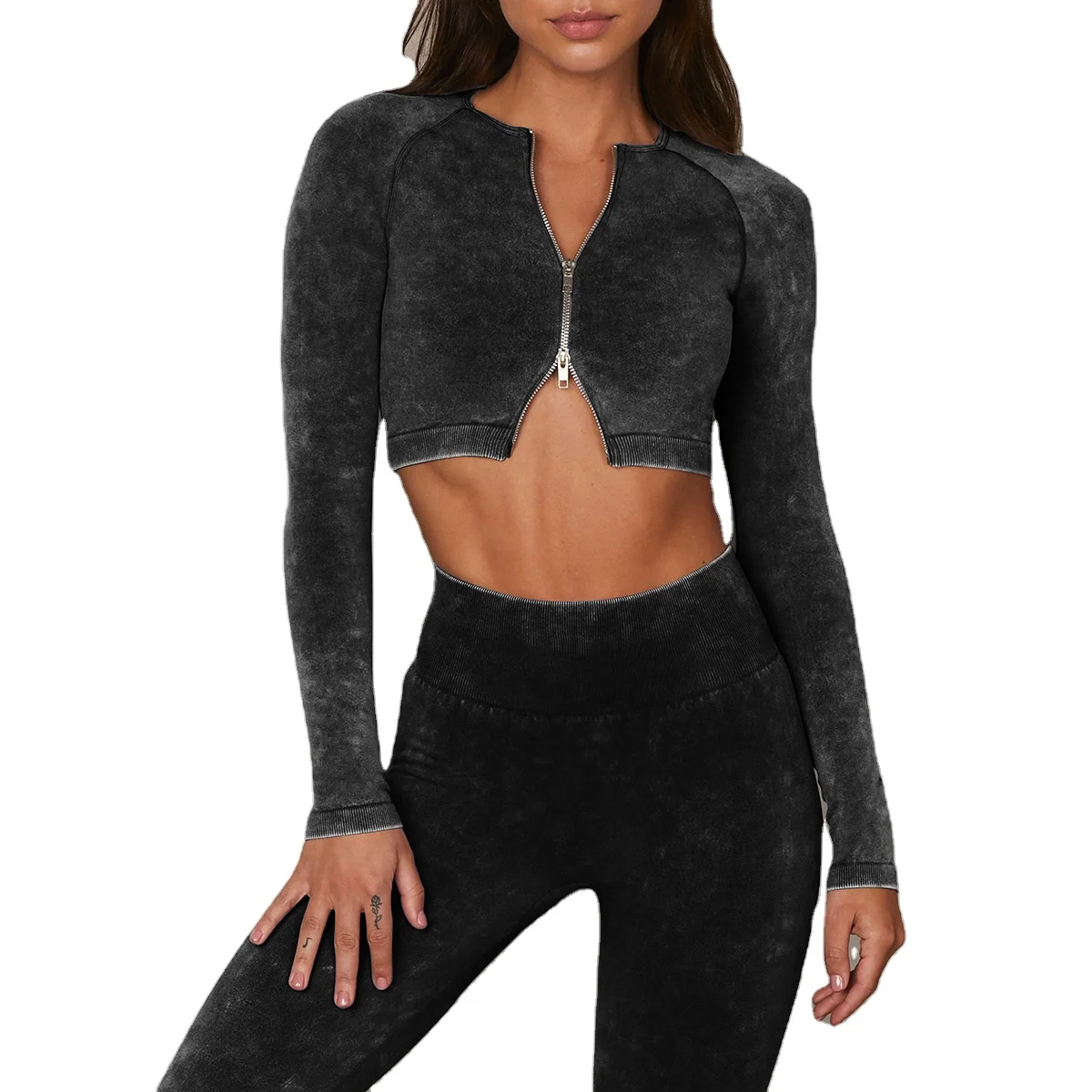 

Womens 2 PCS Yoga Sports Suit Long Sleeve Front Zip Top High Waist Seamless Yoga Leggings, Customized colors